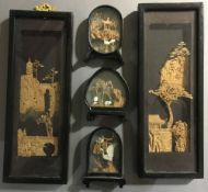 A small quantity of Eastern cork and bamboo carvings in box frames (6)