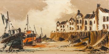 BILL HAWKES (20th century) British Fishing Boats at Low Tide Oil on board Signed 90 x 44.