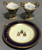 A pair of Barr Flight and Barr Worcester porcelain urns and an armorial plate