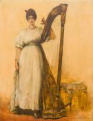 CONTINENTAL SCHOOL (19th century) Portrait of a Lady Harpist Oil on panel, framed. 34.5 x 44.5 cm.