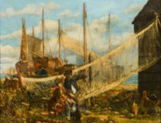 ENGLISH SCHOOL (19th century) Fishermen Attending Their Nets in a Busy Coastal Scene Oil on canvas,