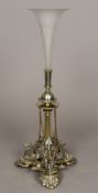 A Victorian cut glass mounted silver plated epergne The cut frosted glass flute supported on