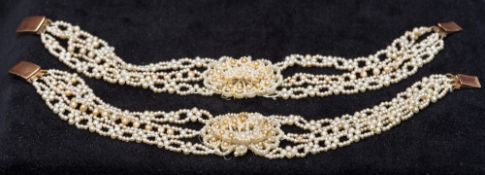 A pair of Georgian unmarked gold mounted seed pearl bracelets Each of triple strand form.