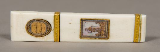 A 19th century French ivory toothpick case The removable lid inset with an inscribed roundel,