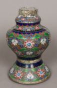 A Chinese silver and champleve enamelled lamp base Of baluster form,