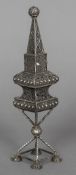 A Russian filigree silver Havdalah spice tower with 84 Zolotnik mark 26 cm high.