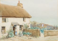 WILLIAM EDWARDS CROXFORD (1852-1926) British Figure Before a Thatched Devonshire Coastal