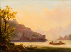 ENGLISH SCHOOL (18th/19th century) Italianate Lake Scene Oil on canvas, framed. 38.5 x 28.5 cm.