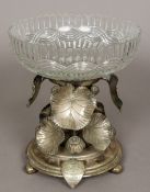 A Victorian cut glass and silver plated centrepiece The removable clear cut glass bowl supported on