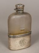 A Sterling silver mounted frosted clear glass hip flask Of typical form,