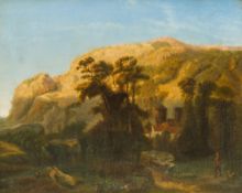 CONTINENTAL SCHOOL (18th/19th century) Man and His Dog in an Italianate Mountainous Landscape Oil