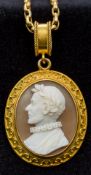 A finely carved cameo of a classical gentleman Set in an unmarked high carat gold pendant mount,