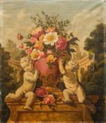 CONTINENTAL SCHOOL (19th/20th century) Still Life of Flowers in a Vase Flanked by Putti in an