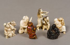 Six various Japanese carved ivory, wood and horn netsukes/okimonos Variously worked. The largest 6.