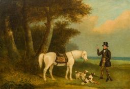 ENGLISH SCHOOL (19th century) Portrait of a Country Gentleman With His Mount and Gun Dogs,