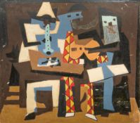 After PABLO PICASSO (1881-1973) Spanish Three Musicians Oil on board, framed. 86 x 76 cm.