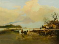 DUTCH SCHOOL (19th century) Figures in a Winter River Landscape Oil on canvas, framed. 60 x 45 cm.