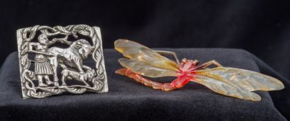 A French Art Nouveau carved horn brooch Worked as a dragonfly;