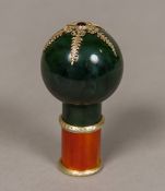 A Russian silver gilt and enamelled hardstone cane handle, bearing 88 Zolotnik,