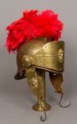 A replica Roman Centurion's helmet Of typical form with red crest, supported on an associated stand.