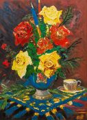 BRITISH SCHOOL (20th century) Floral Still Life Impasto oil on board, framed. 59 x 82 cm.