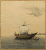 A late 19th/early 20th century Chinese painting on silk depicting a fishing junk Framed and glazed.