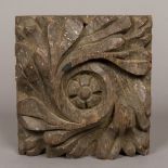 A carved oak roof boss, possibly 18th century 22 cm wide.