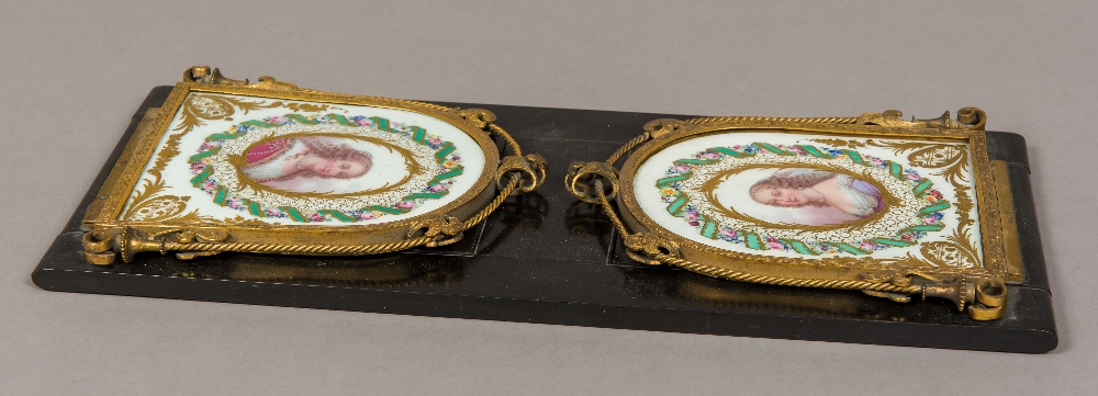 A 19th century ormolu and Sevres style painted porcelain mounted book slide Each end panel painted - Image 2 of 2