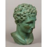 A French terracotta classical bust Formed as a male with allover green painted finish,