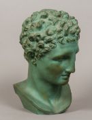 A French terracotta classical bust Formed as a male with allover green painted finish,