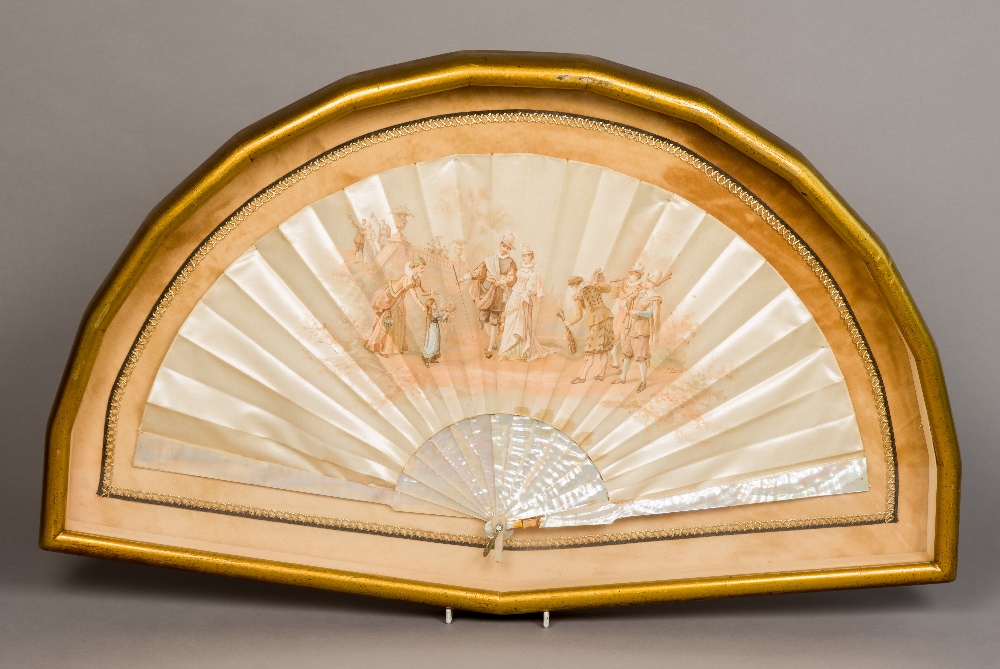 A French printed silk fan Worked with figures promenading in parkland After Auguste Lauronce,