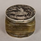 A Chinese silver mounted carved jade box and cover The body with band of ribbed decoration,