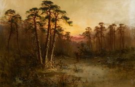 FRANK HIDER (1861-1933) British Faggot Gatherer in a Wooded Landscape at Sunset Oil on canvas,