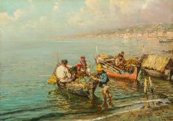 GUISEPPE GIARDIELLO (1887-1920) Italian Coastal Scene with Fishermen Oil on canvas, signed, framed.