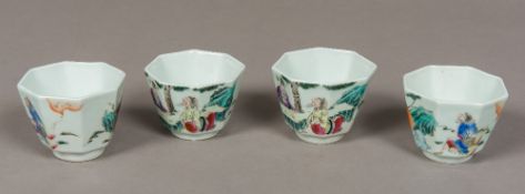 Four late 19th/early 20th century Chinese porcelain tea bowls Of octagonal section and polychrome