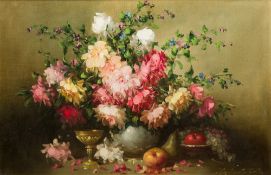 CONTINENTAL SCHOOL (20th century) Floral Still Life With Fruit Oil on canvas, indistinctly signed,