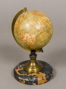 A small 19th century French globe by Emile Bertaux Mounted on a turned brass socle and a stepped