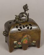 A 19th century Chinese cloisonne decorated patinated bronze censer The pierced removable lid