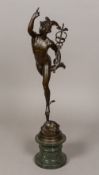 After the Antique A 19th century patinated bronze model of Mercury Typically modelled holding a