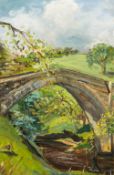 ENGLISH SCHOOL (20th century) Fishing in the Greta Under Rutherford Bridge at Scargill Oil on board,