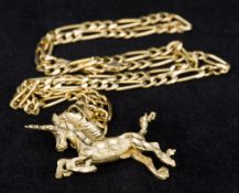 An unmarked gold pendant Modelled as a unicorn suspended on a Mexican 14 ct gold chain.