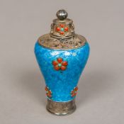 A Chinese unmarked silver and enamelled snuff bottle and stopper Of baluster form,