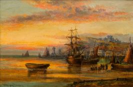 WILLIAM LANGLEY (1852-1922) British Unloading the Catch at Low Water Oil on canvas, signed, framed.