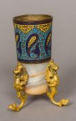 A Continental gilt metal and cloisonne mounted alabaster pot Standing on gilt metal winged lion