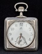 An Omega white metal square cased pocket