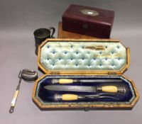 A boxed silver mounted carving set, jewellery, etc.