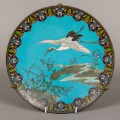 A cloisonne tazza decorated with a crane