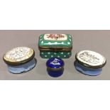 Three 19th century enamel patchboxes and a porcelain patchbox