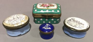 Three 19th century enamel patchboxes and a porcelain patchbox