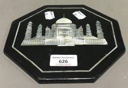 A mother-of-pearl inlaid teapot stand decorated with the Taj Mahal